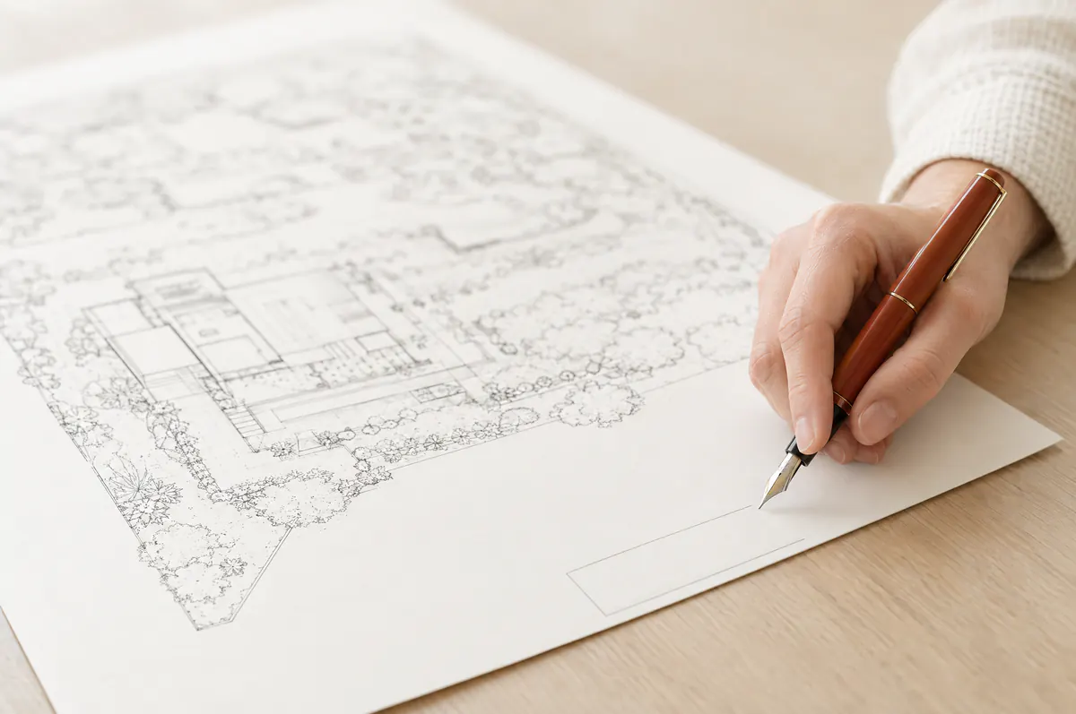 Illustration of a hand holding a pen with a rust-coloured barrel over the blank corner block of a drawing sheet.