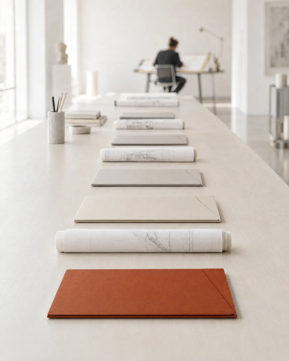 Illustration of enquiry folders and rolled sketches queued along a long table toward one drafting desk, a person out of focus at the far end.