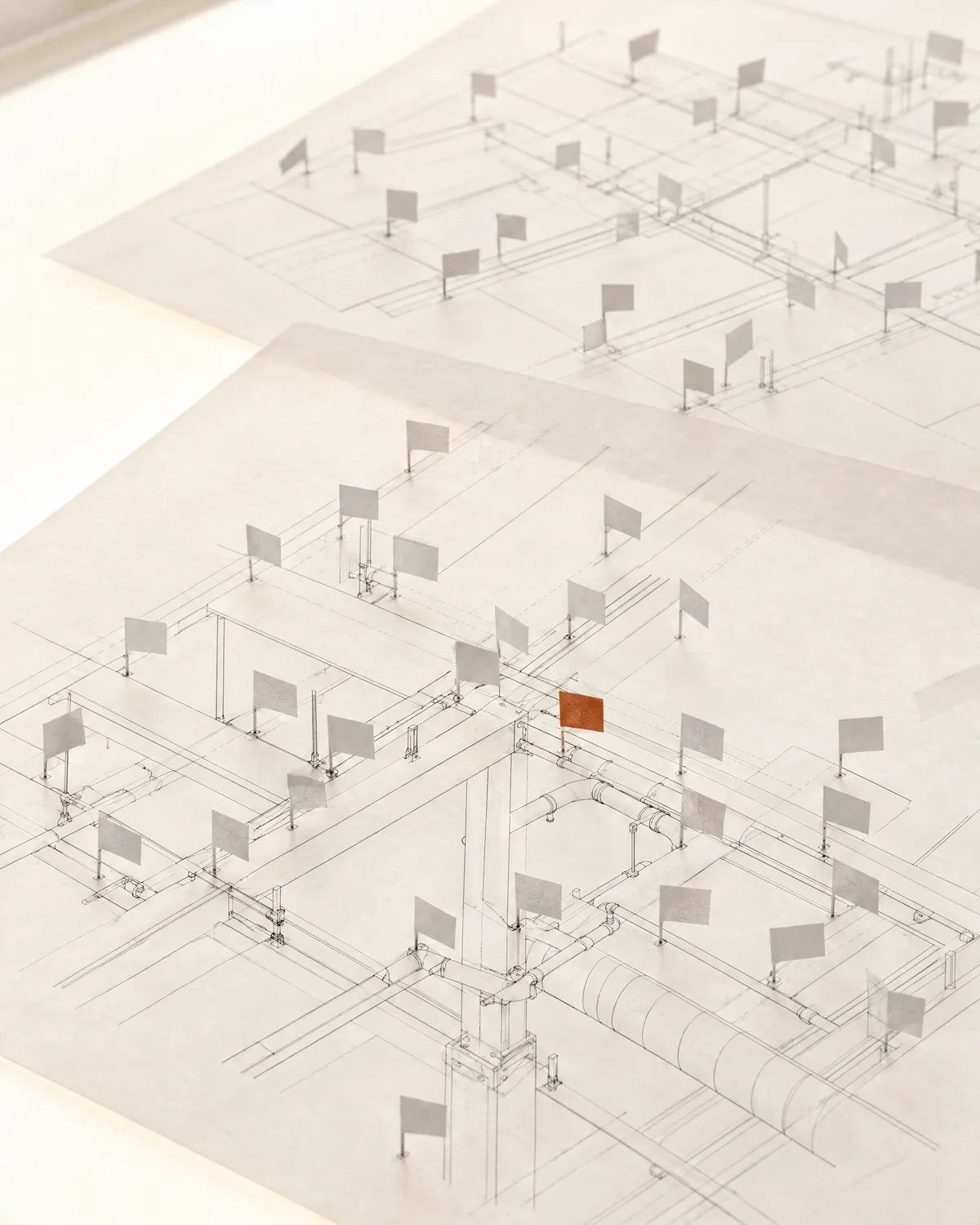 Illustration of overlaid drawings on a light table crowded with small pale paper flags, one of them rust-coloured.