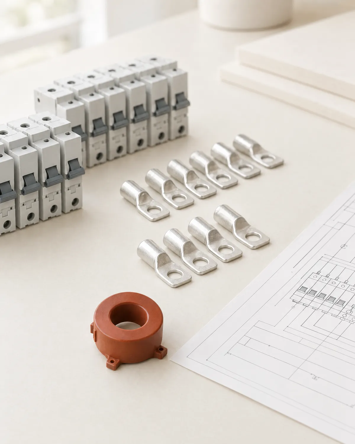 Illustration of panel components laid out in rows beside a layout drawing, with a rust-coloured current transformer ring where the gap was.